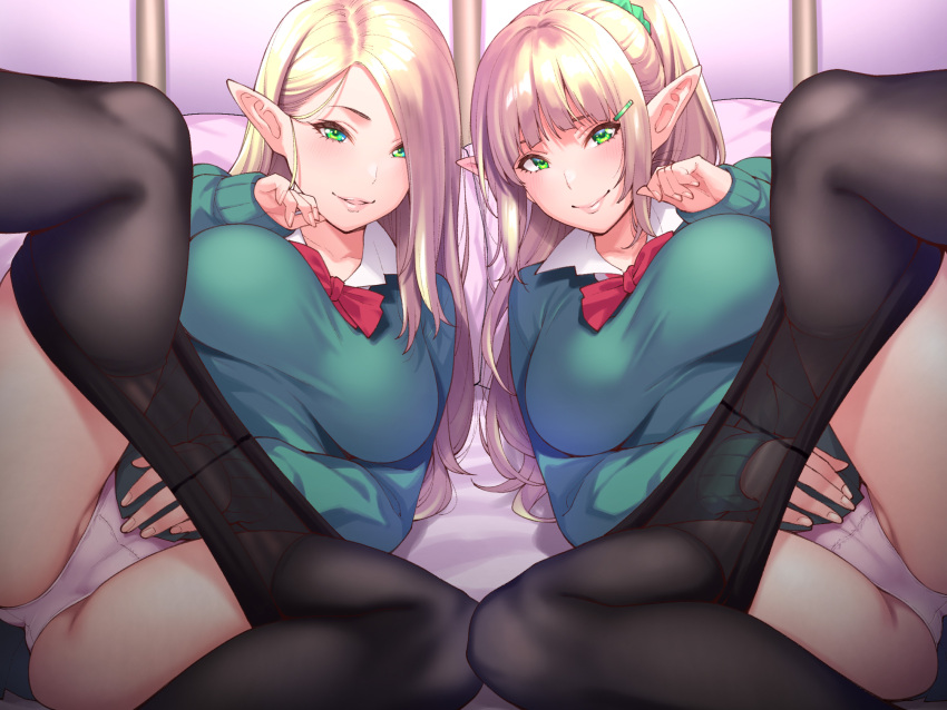 2021 2girls black_legwear blonde_hair blush bow bowtie breasts cameltoe closed_mouth collarbone collared_shirt dress_shirt elf elf_ears elf_female eyelashes female female_only fingernails green_eyes green_scrunchie hair_ornament hair_over_one_eye hair_scrunchie half-closed_eyes hand_on_own_cheek hand_on_own_face hand_up hi_res indoors large_breasts long_hair long_sleeves looking_at_viewer lying multiple_girls on_bed original panties panty_pull pantyhose pantyshot parted_lips pink_panties pointy_ears ponytail red_bow red_bowtie scrunchie shirt shouji_nigou sidelocks smile smiling smiling_at_viewer underwear white_shirt wing_collar