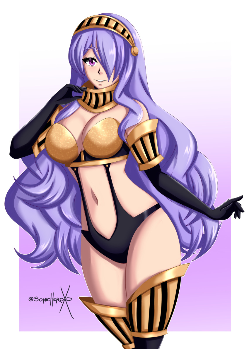 2d alternate_costume artist_name atlus breasts camilla_(fire_emblem) cosplay crossover female female_only fire_emblem fire_emblem_fates hair_over_one_eye high-cut_armor light-skinned_female light_skin nintendo pale-skinned_female pale_skin persona persona_3 solo sonicheroxd watermark