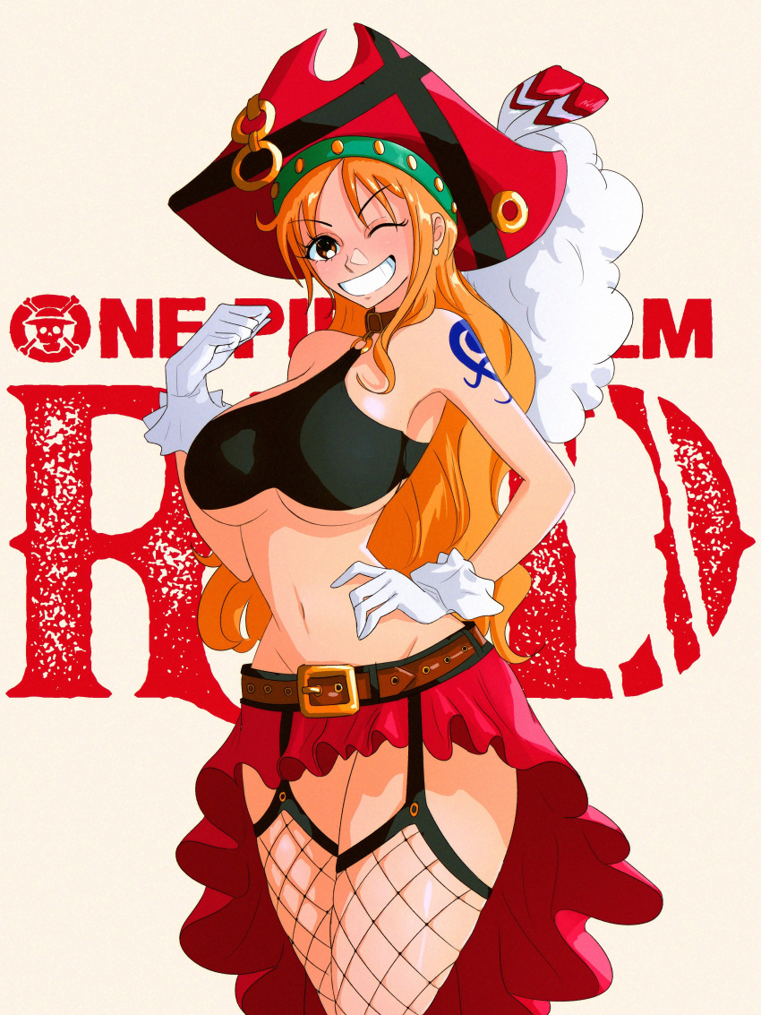 1girls belt big_breasts breasts brown_eyes choker crop_top curvy curvy_figure dress feathers female female_only fishnet_stockings fishnets frills garter_belt gloves grin halterneck logo long_hair looking_at_viewer nami navel one_piece one_piece_film_red opalisart orange_hair pirate pirate_hat plume short_skirt shoulder_tattoo skimpy skimpy_clothes skirt slim slim_waist solo sword tattoo teeth thick_thighs tricorne tricorne_hat underboob wink