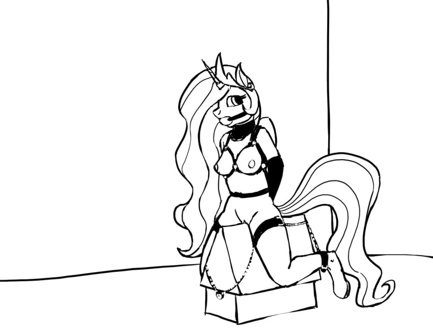 alicorn anthro ball_gag bondage bound crown ears_up equid equine female friendship_is_magic gag genitals hands_behind_back harness hasbro horn looking_back mammal my_little_pony nude princess_celestia_(mlp) pussy sketch solo warskunk_(artist) wings wooden_horse_(device)