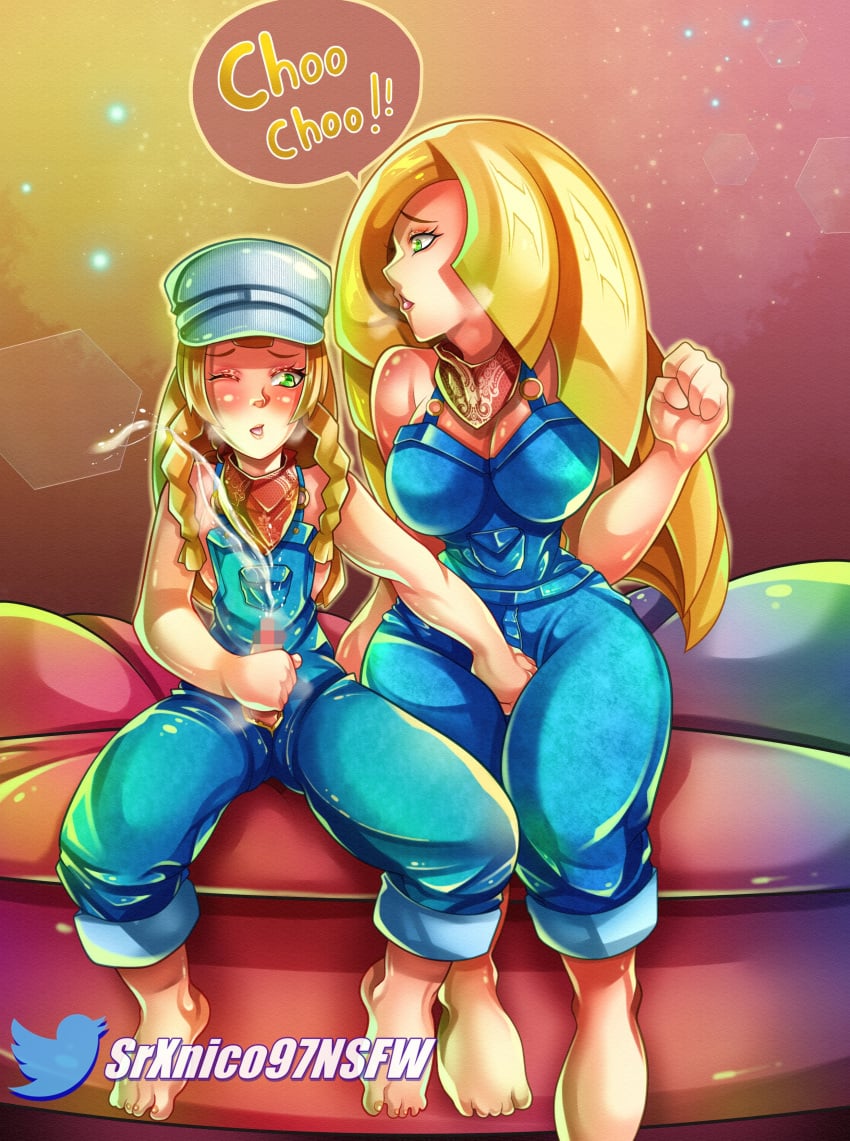 1futa 1girls accessory age_difference blonde_hair blush braid braided_hair censored clothed clothing creatures_(company) cum cumshot daughter duo ejaculation erection feet female fingering fully_clothed futa_on_female futanari game_freak green_eyes highres human incest kerchief light-skinned_female light-skinned_futanari light_skin lillie_(pokemon) long_hair looking_at_another looking_down lusamine_(pokemon) masturbation milf mostly_clothed mother mother_and_daughter nintendo older_female open_clothes open_mouth overalls oversized_feet oyakodon pale_skin parent parent_and_child penis penis_grab penis_out pokemon pokemon_breeder_(pokemon)_(cosplay) pokemon_sm precum precum_drip self_upload sole_female soles srxnico97 unzipped young younger_futanari