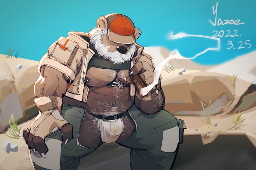 2022 anthro beard belly big_belly bulge clothing facial_hair hat headgear headwear hi_res humanoid_hands kemono male mammal mature_male moobs nipples outside overweight overweight_male sitting smoking solo underwear ursid yazoe