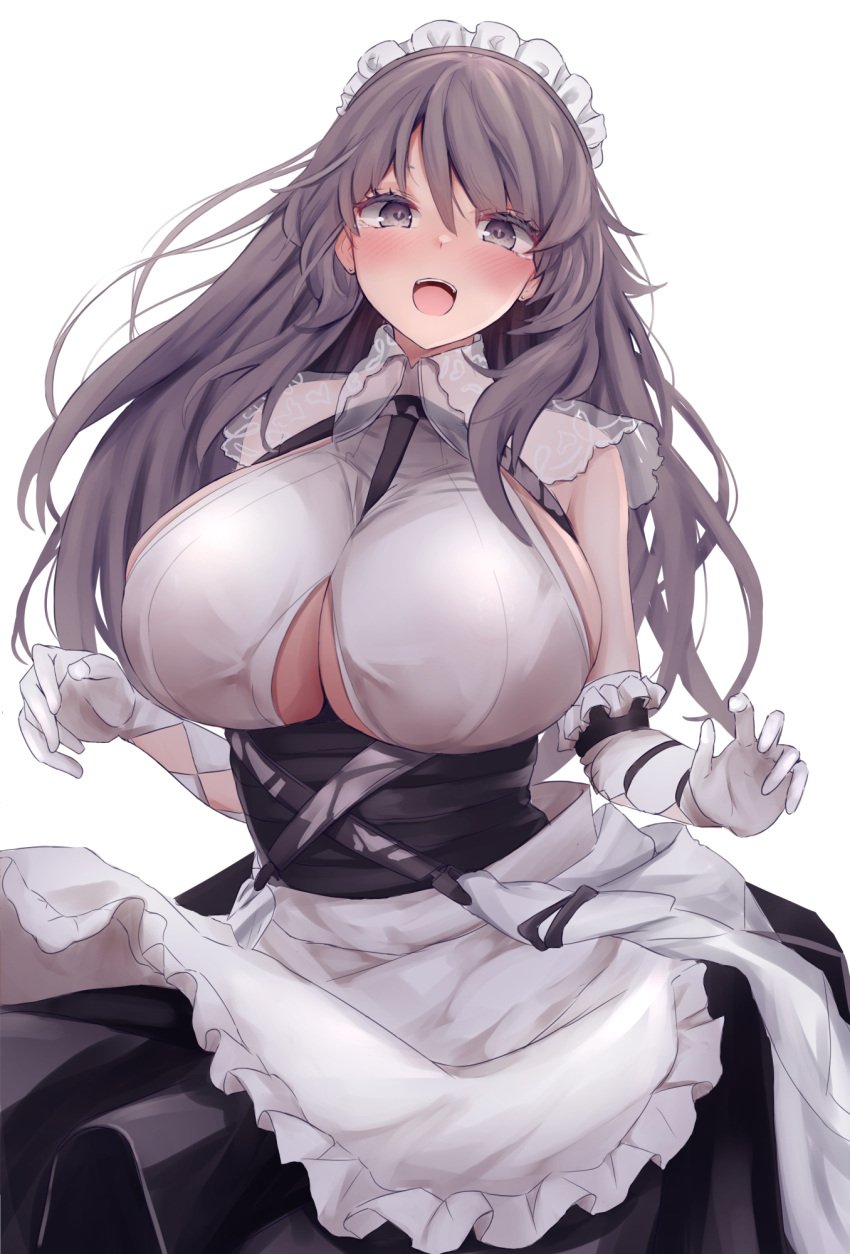 1girls big_breasts blush blushing blushing_at_viewer dress flowing_dress grey_hair happy heart-shaped_pupils long_hair maid maid_apron maid_headdress maid_uniform open_mouth