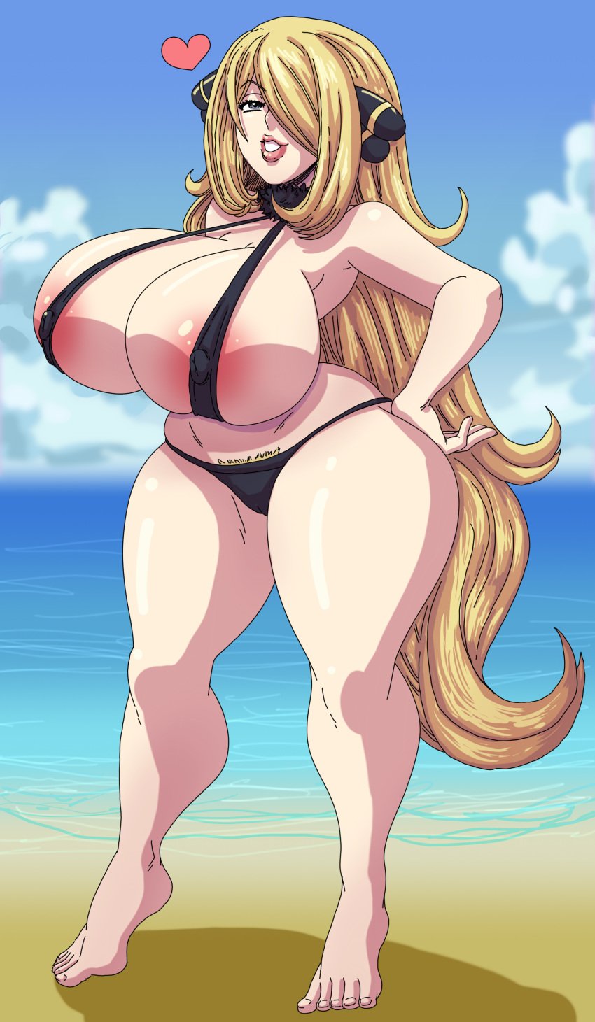 1girls alternate_breast_size beach bikini black_bikini blonde_hair curvy cynthia_(pokemon) female female_focus female_only gray_eyes huge_breasts human justonehuman large_breasts partially_clothed pokemon pubic_hair solo_female solo_focus wide_hips