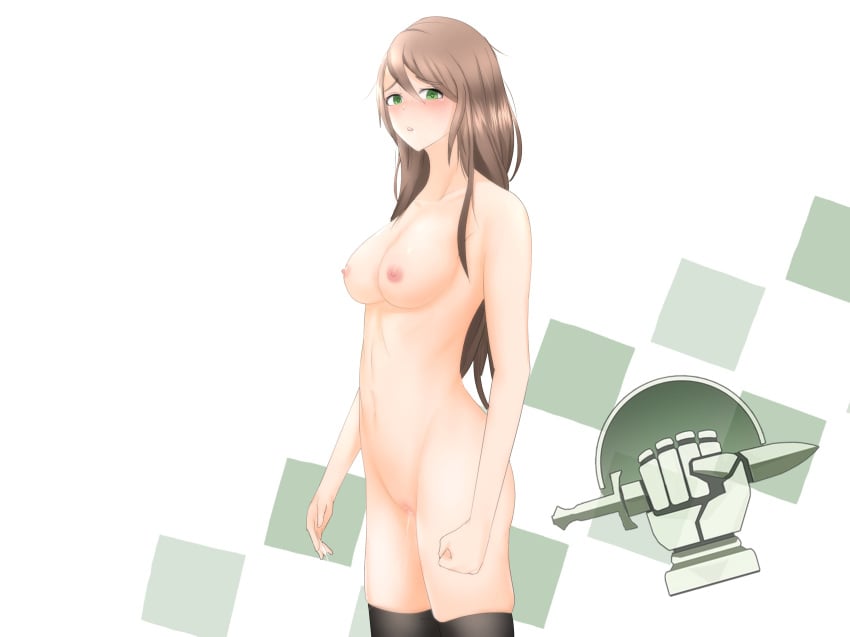 brown_hair colonial_infantry cum exposed_breasts exposed_pussy foxhole:_persistant_online_warfare green_eyes heart-shaped_pupils thighhighs wet_pussy