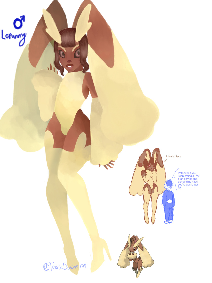 alpha_lopunny alpha_pokémon animal_nose bangs big_ass big_eyes brown_hair bulge bunny_ears bunny_tail cody_(toxicdowns) dark-skinned_femboy dark-skinned_male dark_skin dialog dialogue femboy fluffy_ears fluffy_tail giant_male heel_boots height_difference high_heels looking_at_viewer lopunny male male_only pink_eyes pokemon pokemon_(species) pokemon_legends:_arceus potpourri_(toxicdowns) thick_ass thick_thighs thighhigh_boots thighhighs toxicdowns trap watermark