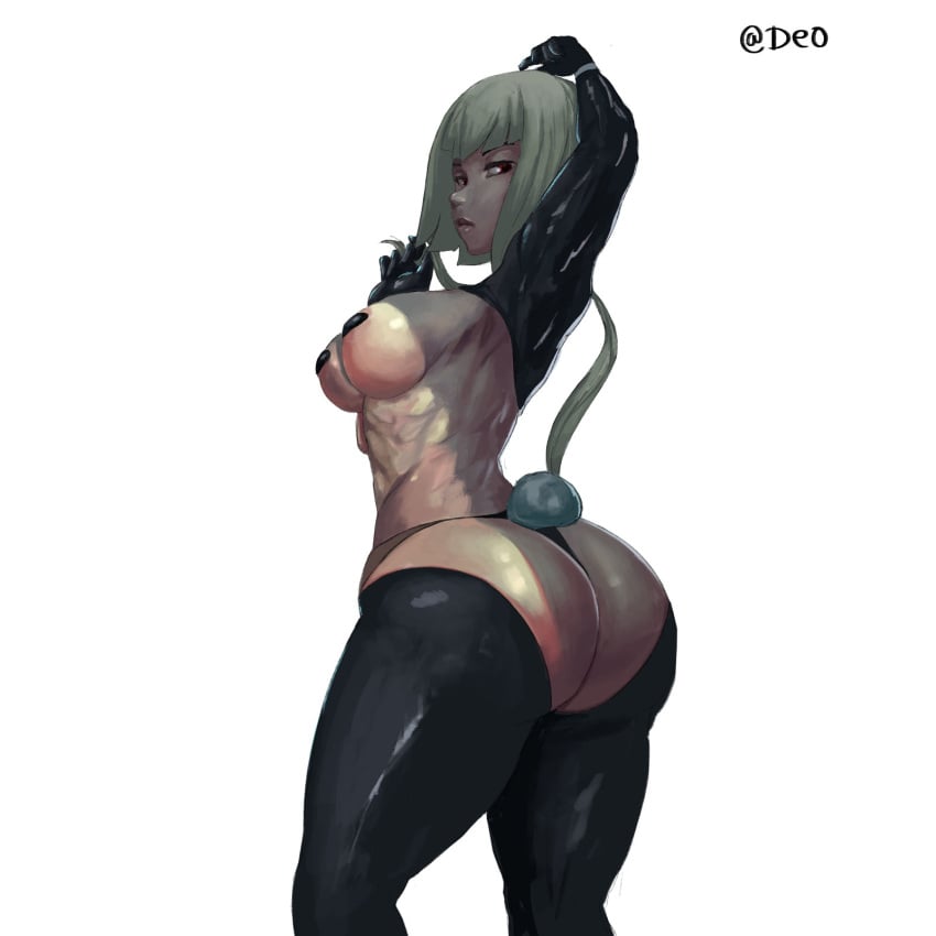 ass big_ass bunny_tail bunnysuit dat_ass deo emerald_sustrai female female_only looking_at_viewer looking_back muscular_female nipple_covers reverse_bunnysuit rwby solo white_background