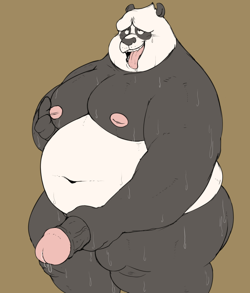 1boy 2022 absurd_res anthro bear belly big_belly black_body black_nose bodily_fluids dreamworks erection fat fat_ass fat_belly fat_man genitals giant_panda hi_res humanoid_genitalia humanoid_hands humanoid_penis inushishigami kung_fu_panda male male_only mammal master_po_ping masturbation moobs nipples obese obese_male overweight overweight_male penis simple_background solo sweat ursid white_body