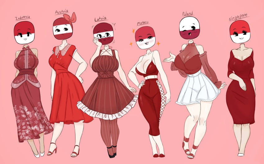 6girls austria_(countryhumans) big_breasts blush breast breasts character_name clothed countryhumans countryhumans_girl dark_red_skin fashion female female_only females females_only flawsy floating_head floating_object girly girly_clothing glasses hands_on_hips height_difference indonesia_(countryhumans) latvia_(countryhumans) light-skinned_female light_skin lipstick long_skirt looking_at_viewer medium_breasts monaco_(countryhumans) pale-skinned_female pale_skin poland_(countryhumans) red_clothes red_dress red_lips ribbon ribbons safe singapore_(countryhumans) skirt smile socks stomach sweat white_body white_skin white_skirt