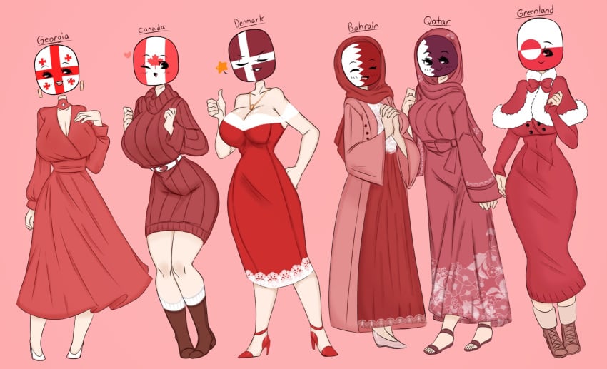 6girls anthro bahrain_(countryhumans) big_breasts blush breast breasts canada_(countryhumans) closed_eyes clothed countryhumans countryhumans_girl denmark_(countryhumans) earrings female female_only flawsy floating_head floating_hearts georgia_(countryhumans) greenland_(countryhumans) hands_on_ass hands_on_breasts height_difference hijab huge_breasts long_skirt long_sleeves looking_at_viewer necklace necklace_between_breasts no_socks one_eye one_eye_closed pale-skinned_female pale_skin pink_background purple_eyes purple_pupils qatar_(countryhumans) red_clothes red_clothing red_pupils red_shoes restrained ribbon ribbons safe simple_background skirt socks standing standing_female stomach sweater tall_female taller taller_female thick_thighs thumbs_up white_skin white_socks wide_hips winking winking_at_viewer