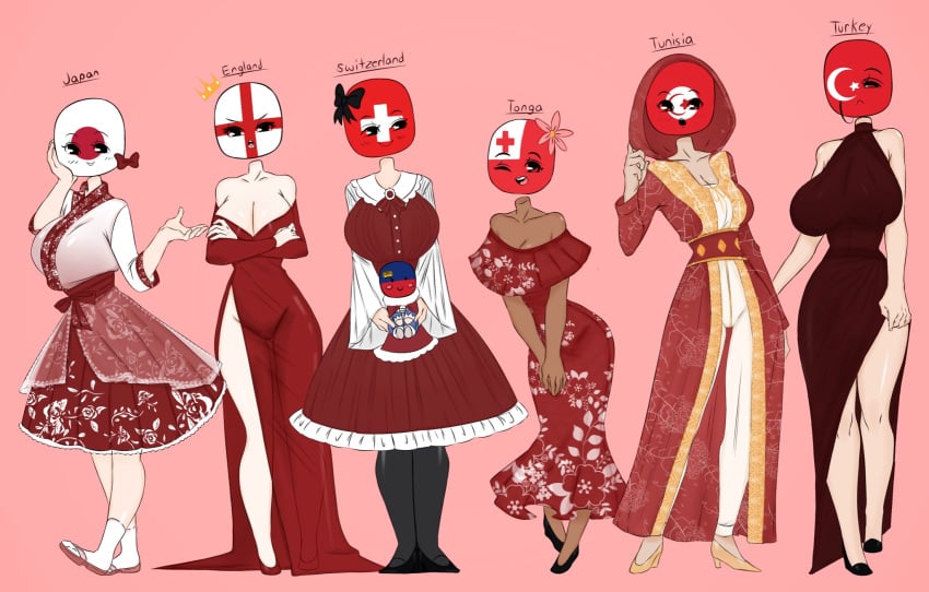 6girls anthro black_ribbon blush breast breasts brown_skin countryhumans countryhumans_girl crown england_(countryhumans) female female_only flawsy floating_ribbon flower flower_on_head furry holding_object holding_plush holding_plushie huge_breasts japan_(countryhumans) liechtenstein_(countryhumans) long_skirt long_sleeves looking_at_viewer no_underwear one_eye_closed plush plushie red_clothes red_dress red_pupils red_ribbon red_shirt safe smiling smiling_at_viewer standing standing_female stockings_thigh_highs stylish switzerland_(countryhumans) tagme taller_female thighhighs tonga_(countryhumans) tunisia_(countryhumans) turkey_(countryhumans) wide_hips winking winking_at_viewer