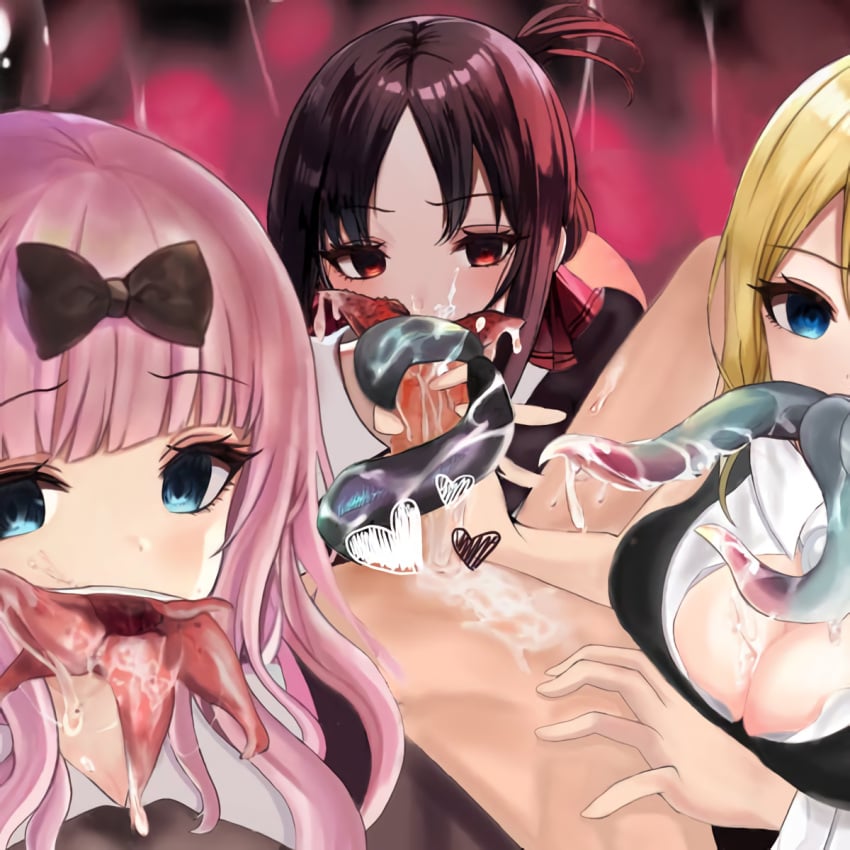 1boy 3girls big_breasts black_hair blonde_hair cleavage corruption cum dark_background empty_eyes fellatio female fujiwara_chika handjob hayasaka_ai infestation kaguya-sama_wa_kokurasetai_~tensai-tachi_no_renai_zunousen~ multiple_girls pink_hair shinomiya_kaguya slq source_request tentacle tentacle_tongue tentaclejob transformation