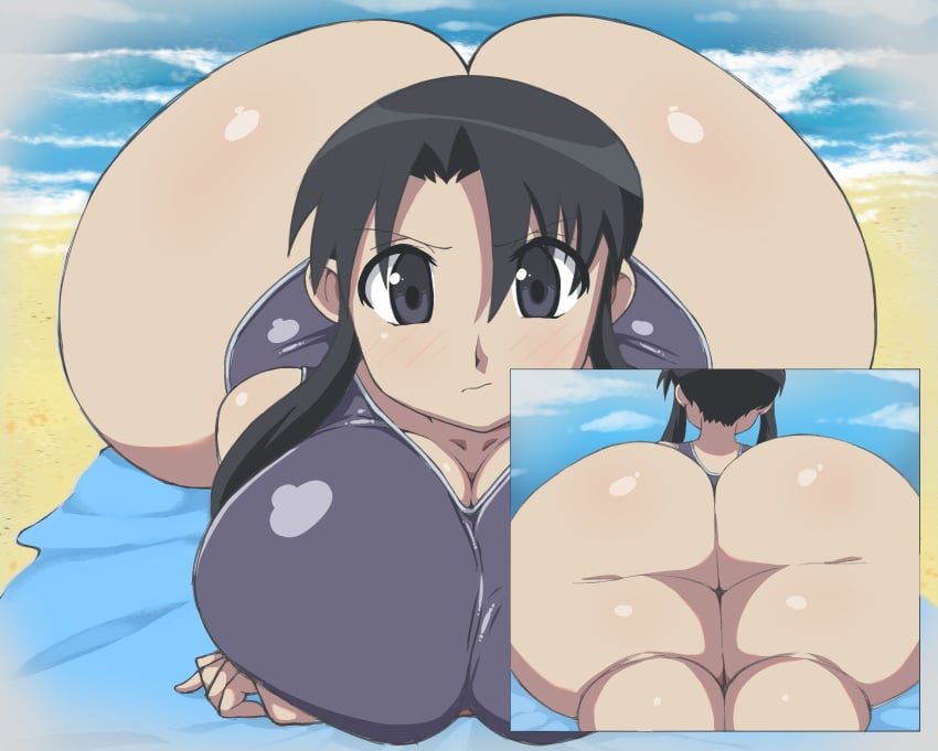 1girls alternate_version_available ass azumanga_daiou big_ass big_breasts big_butt black_eyes black_hair butt dat_ass fat_ass female female_only hi_res highres huge_ass huge_breasts huge_butt large_ass large_breasts looking_at_viewer lying massive_ass massive_butt nyamo_minamo_kurosawa on_stomach one-piece_swimsuit please_look_forward_to_it solo solo_female swimsuit thanuki thanukiart thick thick_ass voluptuous wide_hips