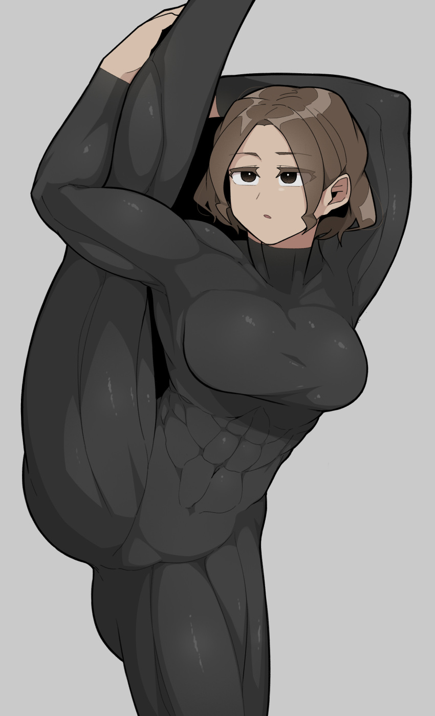 abs abs_visible_through_clothing big_breasts bodysuit breathing geumgang_(oddsnail) legs_up muscular_female oddsnail one_leg_raised one_leg_up short_hair standing_on_one_leg sweating tan_skin tomboy vertical_splits