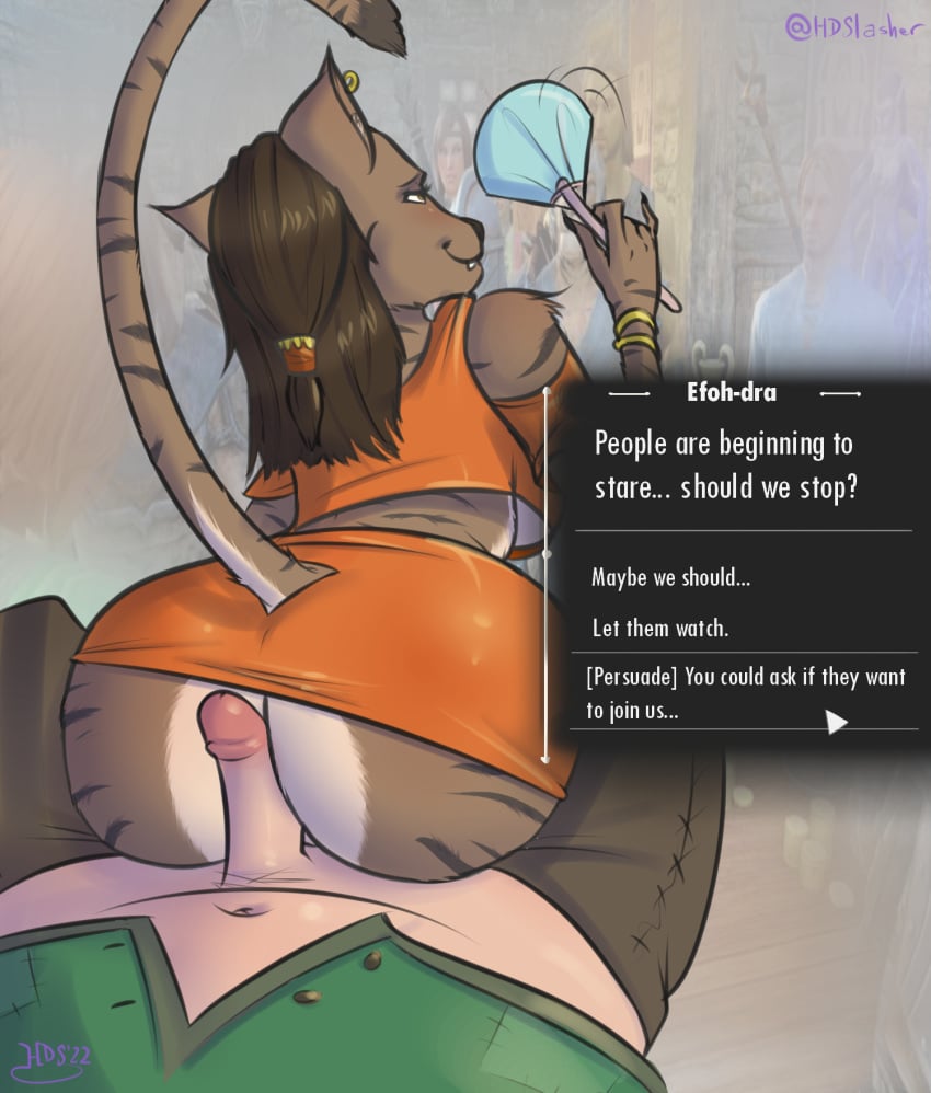 anthro ass bethesda_softworks big_butt brown_body brown_fur brown_hair clothed clothed_sex clothing dialogue duo ear_piercing english_text exhibitionism felid female first_person_view from_behind_position fur hair hashdrawingslasher hi_res hot_dogging human human_on_anthro interspecies jewelry khajiit male male/female mammal outercourse paper_fan partial_male piercing public public_sex raised_tail sex stealth_sex stripes talking_to_viewer text the_elder_scrolls the_elder_scrolls_online tight_clothing video_games white_body white_fur