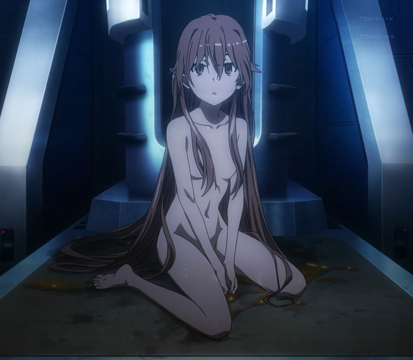 1girls :o bare_shoulders barefoot breasts brown_eyes brown_hair capsule clone completely_nude confused convenient_censoring hi_res kneeling laboratory midriff misaka_imouto misaka_imouto_9982 navel nude official_art screencap sitting_on_floor small_breasts solo solo_female teenage_girl teenager thighs to_aru_kagaku_no_railgun to_aru_majutsu_no_index very_long_hair wet young