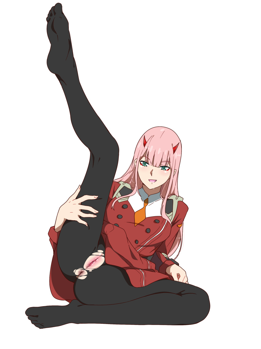 1girls anus arm_support clothing darling_in_the_franxx elbow_support eyebrows_visible_through_hair feet female grabbing_own_thigh hairless_pussy leg_up legs_spread long_hair medium_breasts no_panties one_leg_on_ground one_leg_up only_female pussy ripped_legwear ripped_stockings sbel02 shaved_pussy solo tagme toes torn_clothes torn_legwear uncensored uniform very_long_hair white_background zero_two_(darling_in_the_franxx)