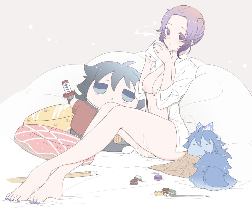 barefoot blue_nails bodily_fluids cleavage cute demon_slayer female female_only full_body kimetsu_no_yaiba kochou_shinobu looking_at_viewer macaroon medium_breasts mostly_nude mug nail_polish no_bra no_panties open_shirt pillow pillows purple_eyes purple_hair short_hair sitting solo toenail_polish wet_pussy