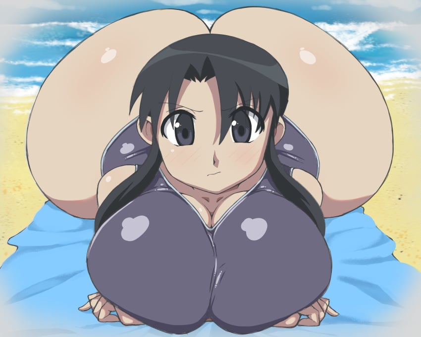 1girls alternate_version_available ass azumanga_daiou big_ass big_breasts big_butt black_eyes black_hair breasts bubble_butt butt dat_ass fat_ass female female_only hi_res highres huge_ass huge_breasts huge_butt large_ass large_breasts looking_at_viewer lying massive_ass massive_butt nyamo_minamo_kurosawa on_stomach one-piece_swimsuit please_look_forward_to_it solo solo_female swimsuit thanuki thanukiart thick thick_ass voluptuous wide_hips