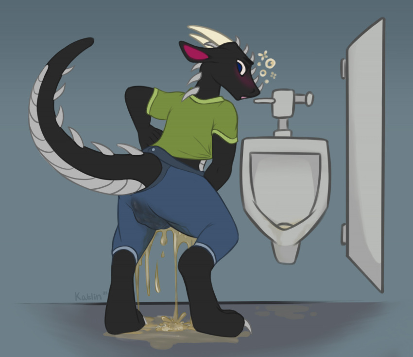 1boy accident anthro bathroom blush bodily_fluids dragon drunk falund feces genital_fluids katlin male male_only omorashi pants_pooping pants_wetting peeing public_restroom puddle restroom_stall scalie scat soiling solo solo_male substance_intoxication urine wetting