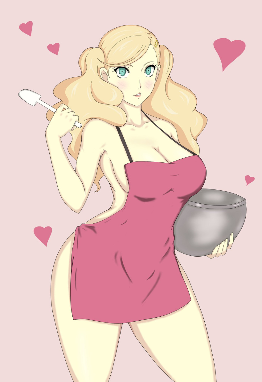 ann_takamaki breasts heart light-skinned_female light_skin looking_at_viewer nahone_peko naked_apron persona persona_5 pink_naked_apron thighs