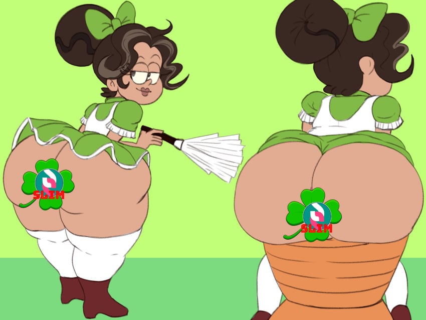 1girls ass big_ass big_butt big_thighs bottom_heavy bubble_ass bubble_butt butt censored censored_anus censored_pussy fat_ass fat_butt feather_duster female female_only green_background green_bow green_outfit hairbow huge_ass huge_butt large_ass large_butt looking_back maid maid_outfit maid_uniform morag_(the_loud_house) patreon patreon_logo saint_patricks_day slim2k6 solo solo_female solo_focus st._patrick's_day the_loud_house thick_ass thick_legs thick_thighs tool01k wide_hips