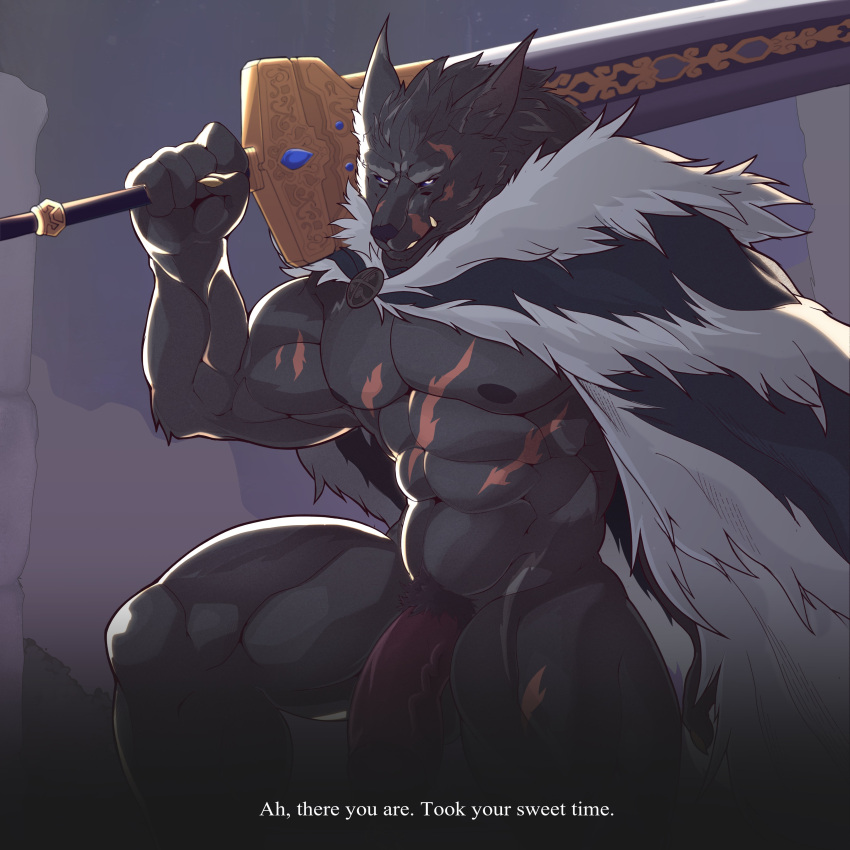 abs absurd_res anthro balls biceps big_muscles big_penis black_body black_fur black_nose blaidd_(elden_ring) blue_sclera bodily_fluids canid canine canis clothed clothing digital_media_(artwork) elden_ring fangs fromsoftware fur genital_fluids genitals half-erect hi_res holding_object holding_weapon humanoid_genitalia humanoid_penis jawful male male_only mammal melee_weapon muscular muscular_anthro muscular_male nipples partially_clothed pecs penis pubes scar solo solo_focus sword text vein veiny_penis video_games weapon wolf