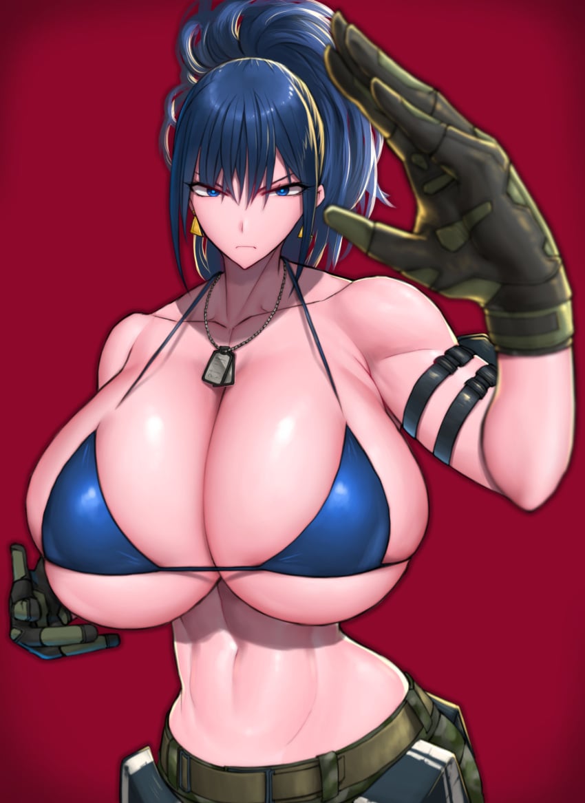 1girls abs armlet assassin bakunyuu bangs bare_shoulders belly_button belt bikini bikini_bra bikini_top bikini_top_only blue_bikini blue_bikini_top blue_eyes blue_hair breasts breasts_bigger_than_head bursting_breasts cleavage collarbone curvaceous dog_tags earrings female female_fighter female_warrior fighting_stance gloves grey_background hi_res high_resolution highres hourglass_figure huge_breasts jewelry king_of_fighters leona_heidern massive_breasts matching_hair/eyes matching_hair_and_eye_color matching_hair_and_eyes military military_pants navel no_shirt plain_background ponytail pouch red_background serious serious_look simple_background single_female single_girl slender_waist slim_waist snk solo solo_female standing tied_hair tight_bikini tight_bra tight_clothing toned toned_female triangle_earrings underboob undersized_clothes upper_body voluptuous wolffeld wolffeld_price