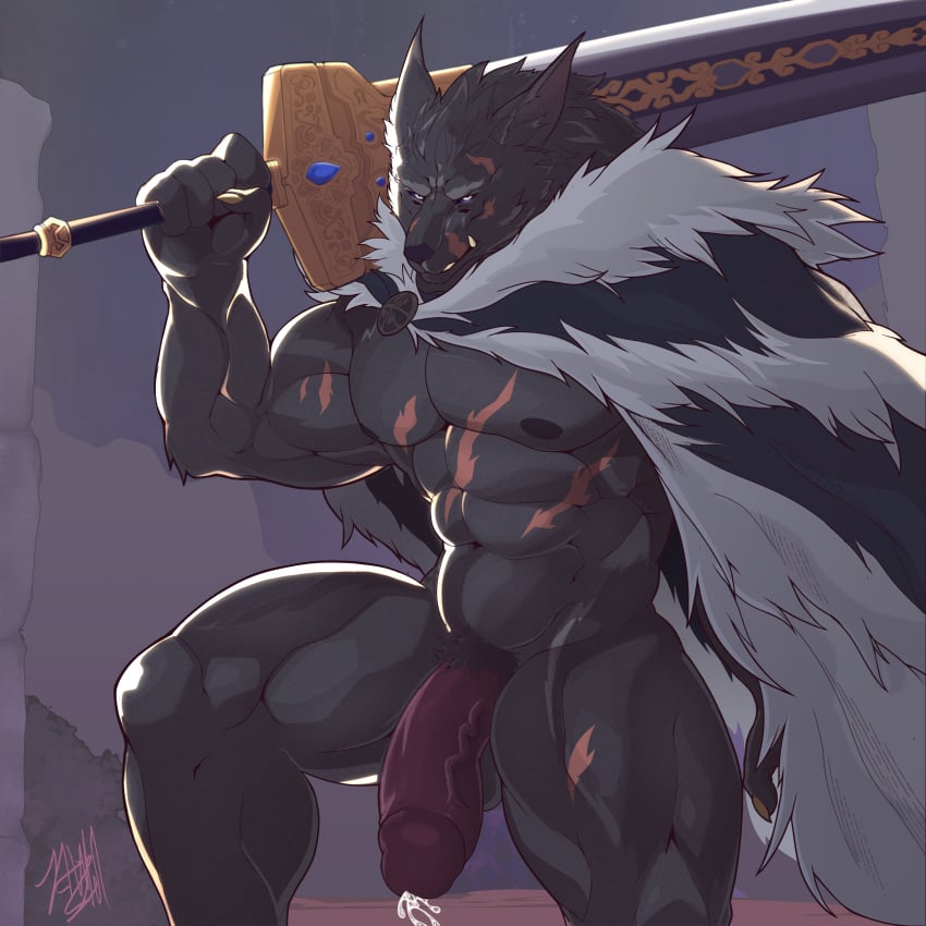 abs absurd_res anthro balls bara biceps big_muscles big_penis black_body black_fur black_nose blaidd_(elden_ring) blue_sclera bodily_fluids canid canine canis clothed clothing cum digital_media_(artwork) dripping elden_ring fangs fromsoftware fur genital_fluids genitals half-erect hi_res holding_object holding_weapon humanoid_genitalia humanoid_penis jawful male male_only mammal melee_weapon muscular muscular_anthro muscular_male nipples partially_clothed pecs penis precum precum_drip precum_string pubes scar solo solo_focus solo_male sword vein veiny_penis video_games weapon wolf