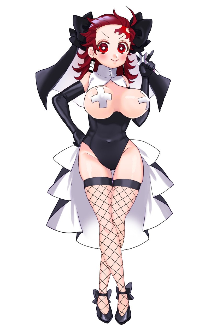 alternate_costume big_breasts black_gloves blush breasts_out cross_pasties crucifix demon_slayer elbow_gloves facial_mark female female_only fishnet_thighhighs fishnets full_body genderswap_(mtf) gloves hand_on_hip headwear kamado_tanjirou kimetsu_no_yaiba leotard looking_at_viewer nipple_bulge nun nun_outfit pasties red_eyes red_hair revealing_clothes rule_63 smile solo standing thigh_gap thighhighs veil white_pasties zettai_ryouiki