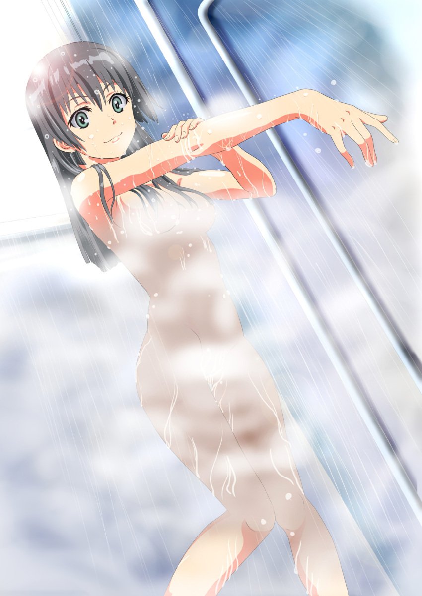 1girls bath black_hair breasts censored convenient_censoring derivative_work green_eyes hi_res long_hair medium_breasts nude saten_ruiko shower smile solo solo_female steam steam_censor teenage_girl teenager to_aru_kagaku_no_railgun to_aru_majutsu_no_index tomo5656ky water wet young