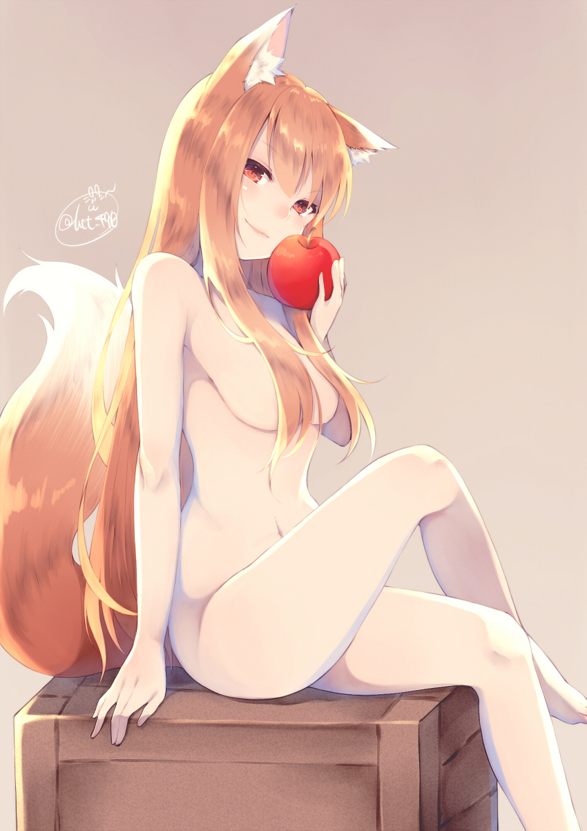 1girls 2d animal_ears apple brown_hair chita_(ketchup) completely_nude crossed_legs female female_only hair_censor hair_covering_breasts holo kemonomimi light-skinned_female light_brown_hair light_skin long_hair looking_at_viewer medium_breasts nude oerba_yun_fang pale-skinned_female pale_skin red_eyes sideboob simple_background sitting smile solo spice_and_wolf watermark wolf_ears wolf_girl wolf_tail