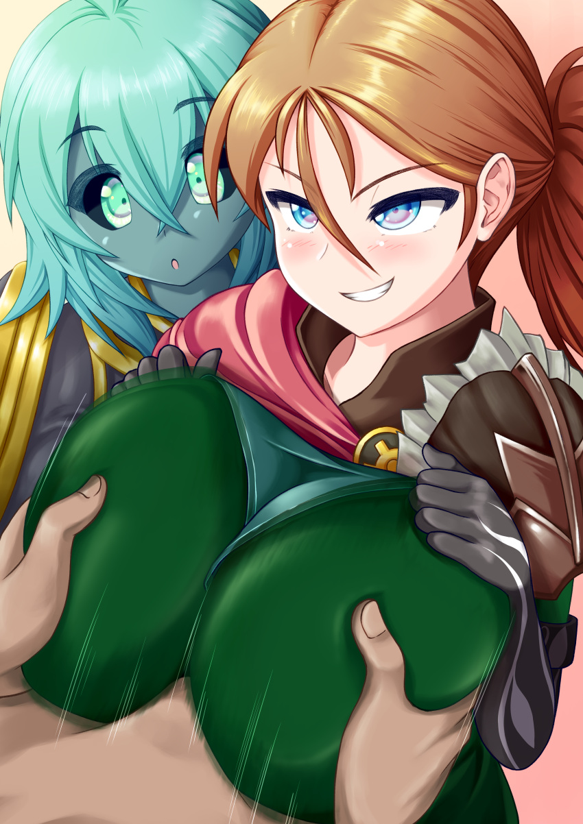 1boy 2girls :o anasteria black_sclera blue_eyes blush breast_grab breast_squeeze breasts brown_hair colored_sclera colored_skin cyan_hair daibobu gauntlets green_eyes grey_skin grim_dawn grin hair_between_eyes korinia large_breasts motion_lines paizuri paizuri_under_clothes ponytail shoulder_pads smile smirk smug uniform