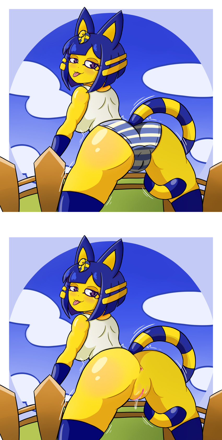 1girls :3 absurd_res animal_crossing ankha ankha_(animal_crossing) anthro anus ass bent_over big_ass bodily_fluids bottomless bottomless_female bottomwear cameltoe clothed clothing domestic_cat felid feline felis female genital_fluids genitals hi_res large_ass looking_at_viewer looking_back mammal nekiny nintendo panties pattern_bottomwear pattern_clothing pattern_panties pattern_underwear pussy pussy_juice rear_view solo striped_bottomwear striped_clothing striped_panties striped_underwear stripes underwear video_games