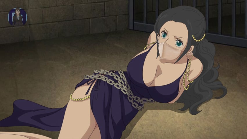 bondage bossbb41 captured cleavage collar did dress female female_only gag gagged kidnapped long_dress mouth_gag nico_robin night_dress no_bra no_panties one_piece public slave slavegirl tied_up