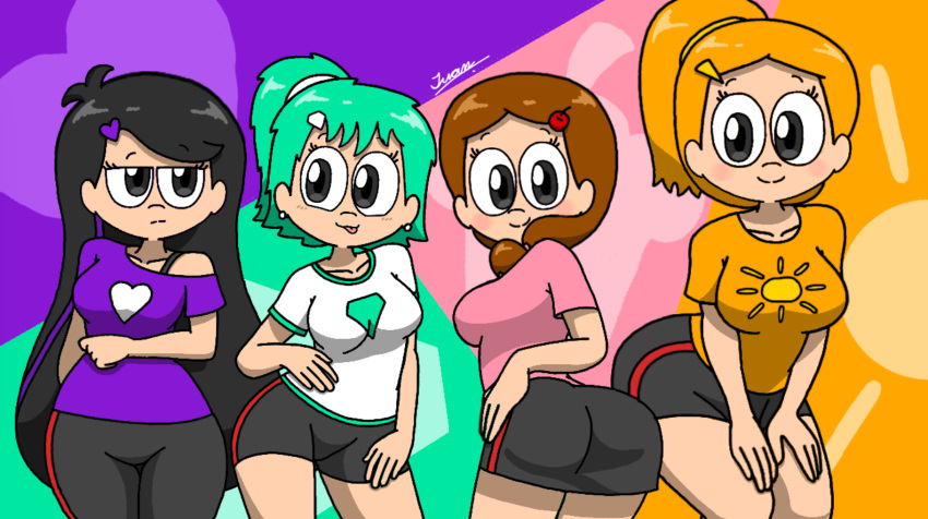 4girls alternate_version_available ass bending_forward big_breasts black_eyes black_hair body_difference bra_strap brown_hair censored cute different_poses earrings edna_(writers_crusaders) eli_(writers_crusaders) green_hair hairclip hands_behind_back hands_on_hips heart height_difference long_hair long_pants lovely_(writers_crusaders) mitchelline_(writers_crusaders) orange_hair orange_topwear pink_topwear ponytail purple_topwear short_skirt shorts side_ponytail skirt thick_ass thick_thighs tongue tongue_out wcjuan writers_crusaders