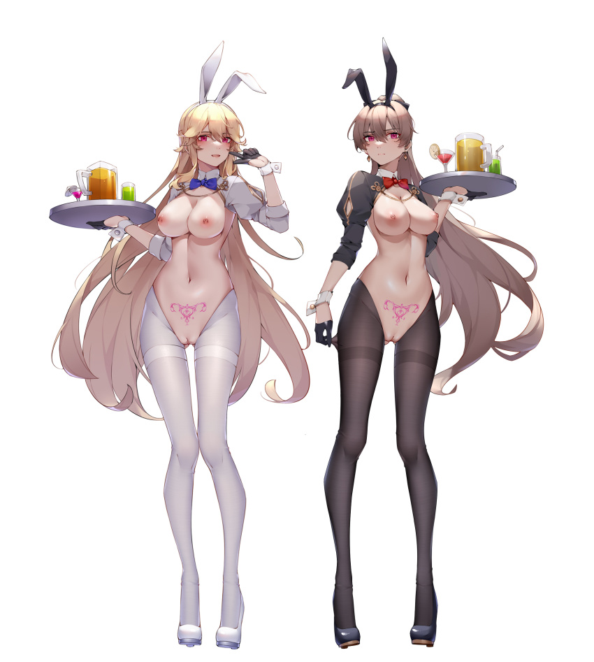 2girls absurdres alternate_costume animal_ears arm_up ass_visible_through_thighs azur_lane bangs black_footwear black_gloves black_legwear blonde_female blonde_hair blue_bow blue_bowtie blush bow bowtie breasts brown_hair bunny_ears bunny_girl bunnysuit cleavage commentary_request earrings eyebrows_visible_through_hair fake_animal_ears gloves half_gloves high_heels highres holding holding_tray jean_bart_(azur_lane) jewelry large_breasts long_hair multiple_girls navel nipples pantyhose pubic_tattoo pussy rabbit_ears red_bow red_bowtie red_eyes reverse_bunnysuit richelieu_(azur_lane) strapless tattoo thigh_gap thighband_pantyhose tray v white_footwear white_legwear wrist_cuffs wsfw