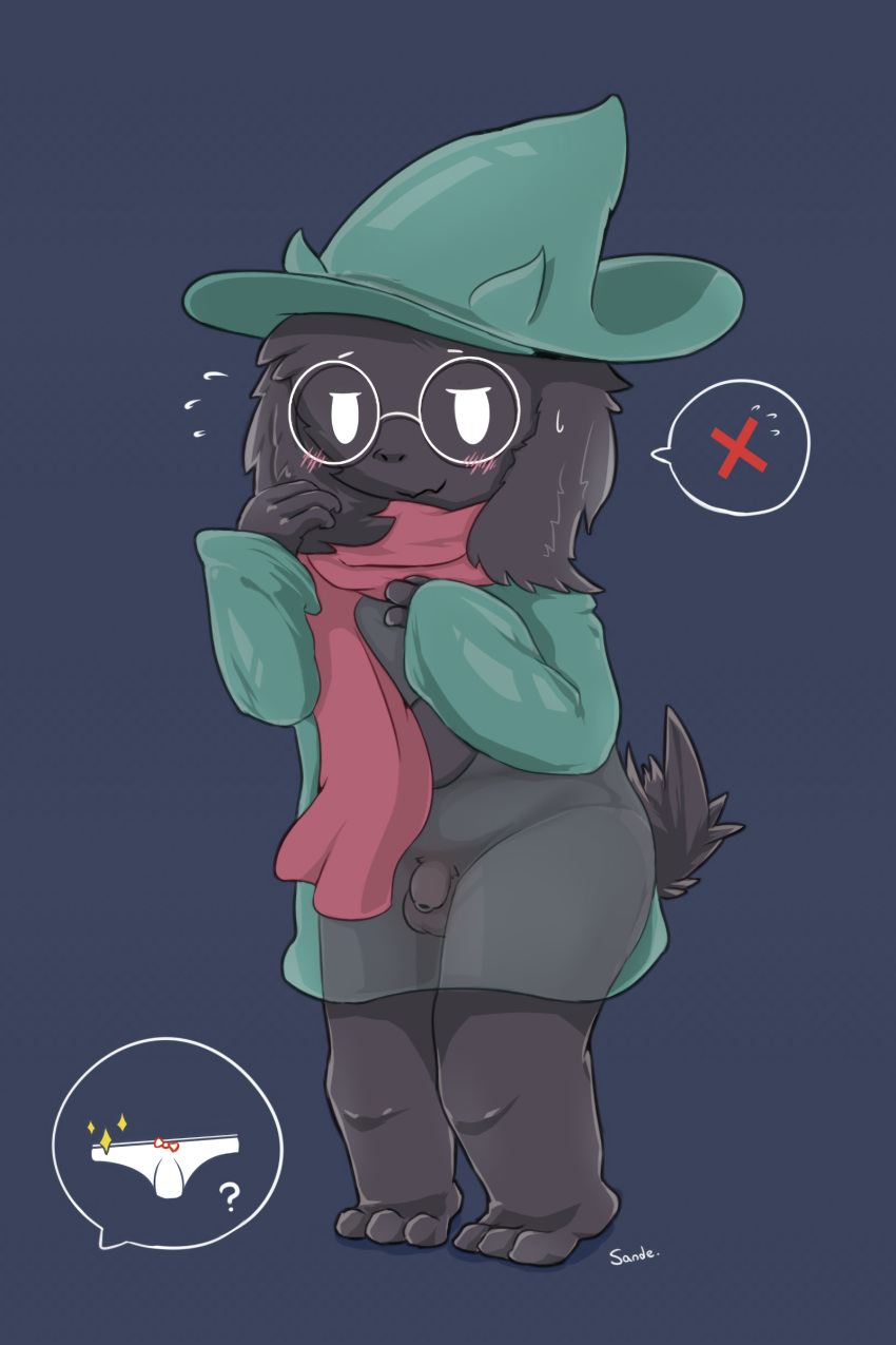 1boy 2d absurd_res anthro anthro_male anthro_only balls barefoot black_body black_fur blush bodily_fluids caprine clothed clothing deltarune eyewear feet foreskin fur furry furry_male furry_only genitals glasses hat headgear headwear hi_res humanoid humanoid_male humanoid_only male male_only mammal mammal_humanoid penis ralsei sande_(pixiv) scarf solo sweat undertale_(series) underwear video_games