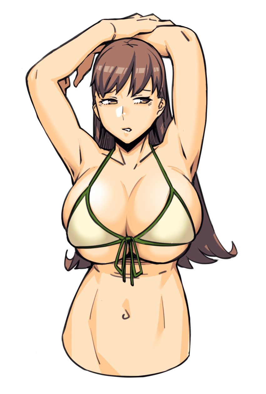 armpits arms_up bangs bikini bikini_top_only breasts brown_eyes brown_hair cleavage collarbone cropped_torso dyun female front-tie_bikini front-tie_top green_bikini halterneck highres huge_breasts kantai_collection long_hair looking_away navel ooi_(kantai_collection) parted_lips simple_background skindentation solo stomach string_bikini swimsuit underboob white_background