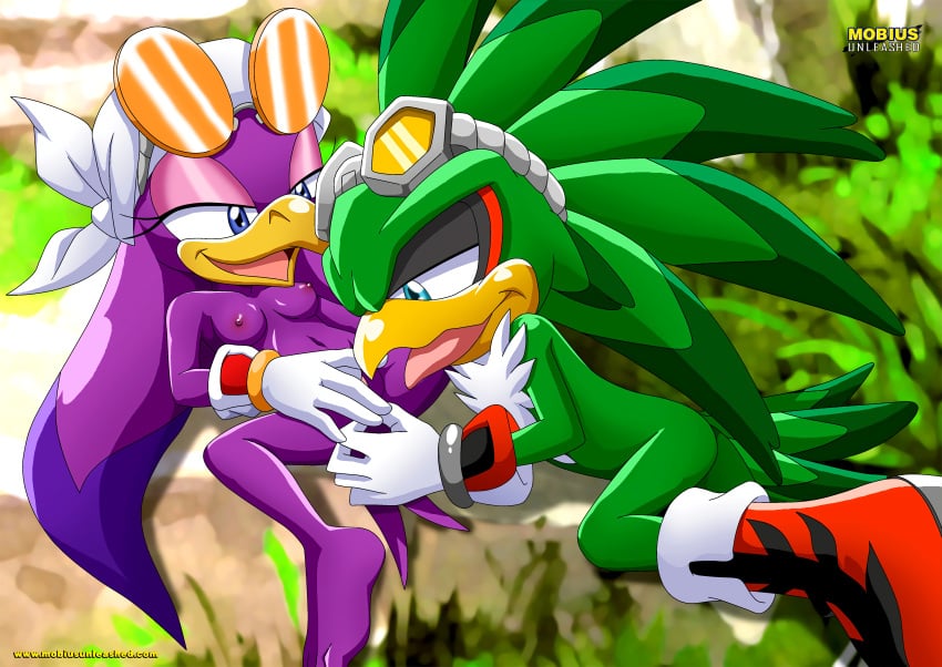 1boy 1boy1girl 1girls anthro avian bbmbbf blue_eyes cunnilingus female furry gloves green_body jet_the_hawk jetave mobius_unleashed oral palcomix romantic romantic_couple sega shoes sonic_(series) wave_the_swallow