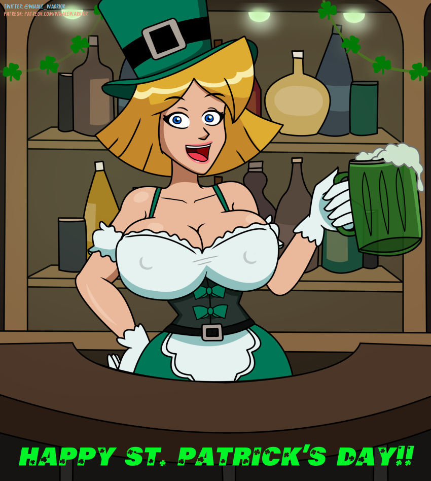 beer clover_(totally_spies) hand_on_hip huge_breasts looking_at_viewer nipple_bulge open_mouth saint_patricks_day totally_spies whale_warrior whalewarrior123z