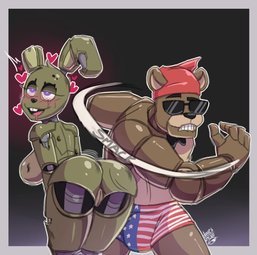 <3_eyes 1girls absurd_res animatronic anthro ass bandana bent_over big_breasts bite biting_lip bodily_fluids bow_tie breasts buckteeth bulge butt_slap cosplay deathzera drooling duo eyebrows eyewear female five_nights_at_freddy's freddy_(fnaf) funny genitals heart hi_res huge_breasts kerchief lagomorph leporid looking_pleasured machine male male/female mammal meme nude open_mouth open_smile pussy rabbit raised_eyebrow ricardo_milos robot saliva scottgames simple_background slap smile springtrap springtrap_(fnaf) sunglasses teeth ursid video_games