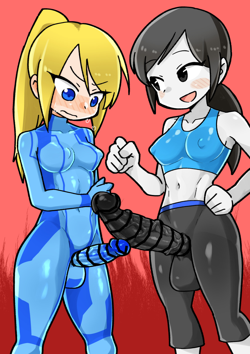 2futas blush censored chasocha crossover erection erection_under_clothes futa_only futanari metroid nintendo nipple_bulge samus_aran steam super_smash_bros. tagme veiny_penis wii_fit wii_fit_trainer