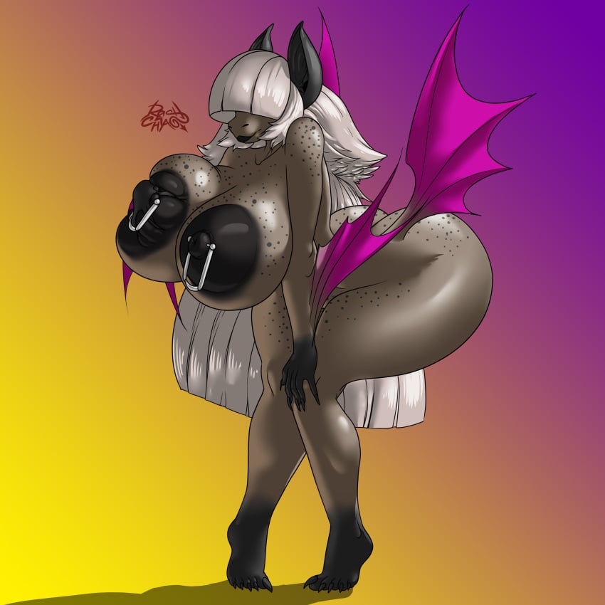 4_wings absurd_res anthro areola bent_over big_areola big_breasts big_nipples black_areola black_lips black_nails black_nipples black_spots breasts chiropteran colored_nails covered_eyes digital_drawing_(artwork) digital_media_(artwork) equid equine female gradient_background grey_body hair hair_over_eyes hand_on_breast hand_on_knee hand_on_leg hand_on_nipple hi_res horse huge_areola huge_breasts huge_nipples hybrid hyper_areola leaning leaning_forward leaning_on_self lips long_ears long_hair mammal markings multi_wing multicolored_body nails nipple_piercing nipples piercing pink_wings pony rashchaos sharp_nails sharp_toenails signature simple_background solo spots spotted_body spotted_markings standing toenails white_hair wings