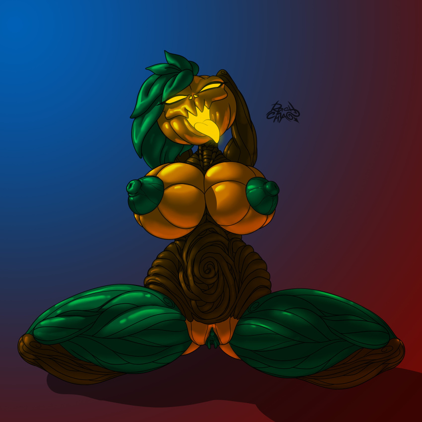 absurd_res areola belly big_areola big_breasts big_nipples breasts brown_arms brown_belly brown_body brown_legs digital_drawing_(artwork) digital_media_(artwork) elemental_creature female flora_fauna food food_creature fruit genitals gradient_background green_areola green_body green_hair green_legs green_nipples green_pussy hair halloween hand_behind_back hand_behind_head hi_res holidays huge_breasts humanoid kneeling leaf leaf_hair leaf_legs looking_at_viewer monster_girl_(genre) narrowed_eyes nipples no_sclera not_furry open_mouth orange_body orange_breasts orange_head plant plant_hair planted_leg pseudo_hair pumpkin pumpkin_boobs pumpkin_head pussy rashchaos shadow sharp_teeth signature simple_background sitting sitting_on_floor smile solo spread_legs spreading teeth thick_thighs tongue wooden_body wooden_leg yellow_eyes yellow_tongue