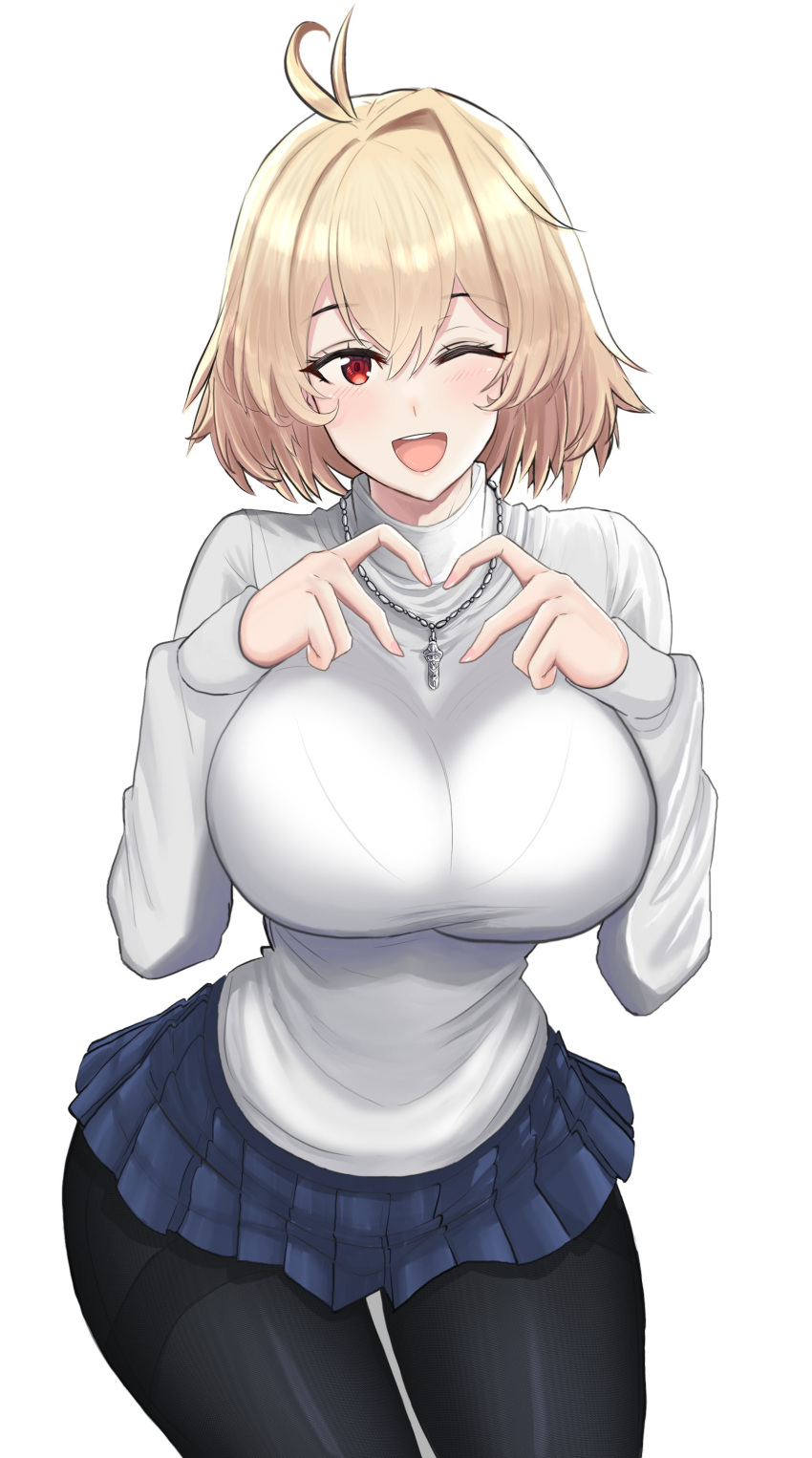 ahoge arcueid_brunestud big_breasts black_legwear blonde_hair blush curvy cute desspie female female_only fully_clothed hourglass_figure huge_breasts large_breasts long_sleeves looking_at_viewer miniskirt necklace not_porn open_mouth pantyhose pleated_skirt red_eyes safe safe_for_work sfw short_hair smile solo thick_thighs thighband_pantyhose thin_waist top_heavy tsukihime turtleneck type-moon wholesome wide wide_hips wink