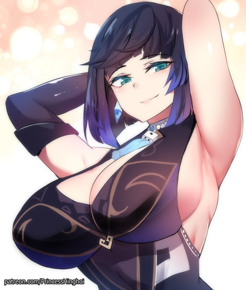 1girls alternate_version_available aqua_eyes armpits arms_behind_back arms_behind_head arms_up armwear_only big_breasts breast_focus breasts detached_sleeve earrings eye_contact female female_only fully_clothed genshin_impact hinghoi huge_breasts looking_at_viewer purple_hair seductive short_hair sleeveless smile solo two_tone_hair upper_body yelan_(genshin_impact)