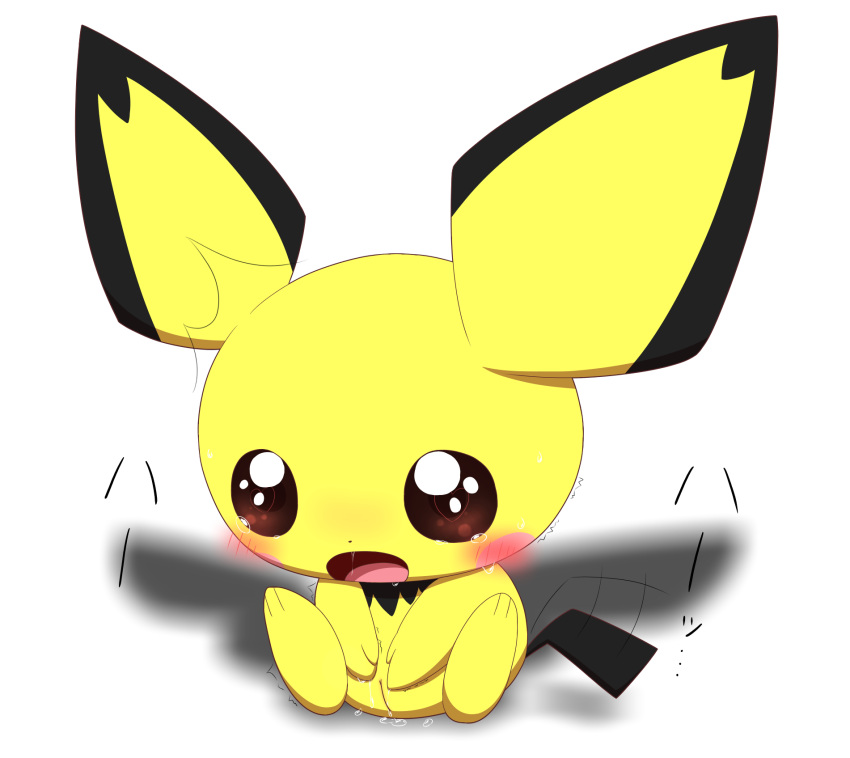 big_ears big_eyes black_body black_fur blush bodily_fluids dipstick_ears female feral fur furry furry_only genital_fluids genitals hi_res japanese_text mammal minami_(artist) multicolored_ears nintendo open_mouth pichu pokémon_(species) pokemon pussy pussy_juice rodent simple_background solo tail tears text video_games white_background yellow_body yellow_fur