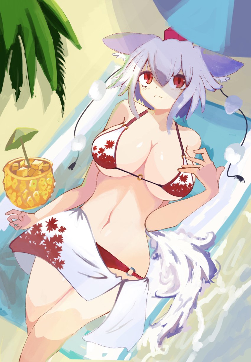 animal_ears bad_anatomy beach bikini breasts female food from_above fruit highres large_breasts momiji_inubashiri navel pineapple red_eyes sand short_hair solo sum_re1 swimsuit tail touhou towel white_bikini white_hair wolf_ears wolf_tail