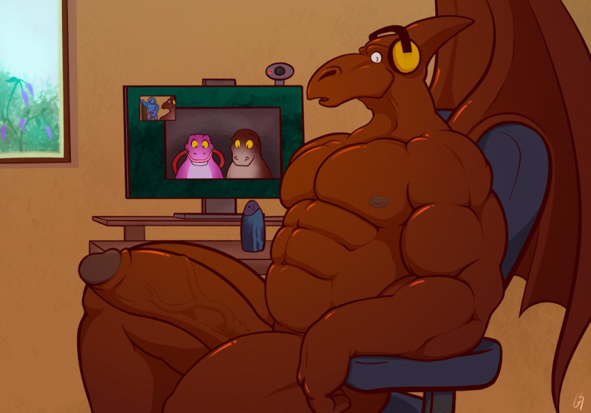 big_balls big_penis blue_body blue_penis brown_body brown_penis brown_wings computer dinosaur furry gay gs headphones humanoid humanoid_penis hyper hyper_balls hyper_penis laptop looking_at_viewer male muscles muscular muscular_male pecs pink_body pov sex_toy simple_background towel wings